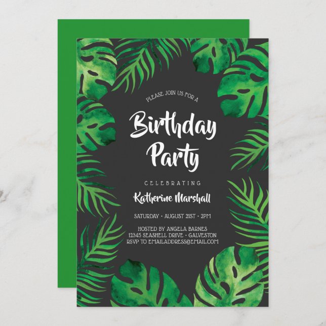 Tropical Monstera Leaves Birthday Party 2 Invitation (Front/Back)