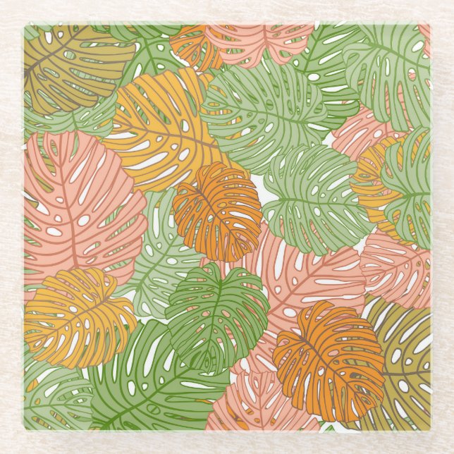 Tropical monstera leaves, colourful seamless patte glass coaster (Front)