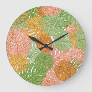 Tropical monstera leaves, colourful seamless patte large clock