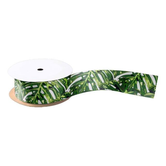 Tropical Monstera Leaves - Green Nature Satin Ribbon (Spool)
