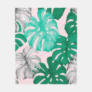 Tropical monstera leaves hand drawn illustration p fleece blanket