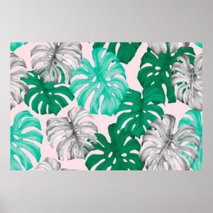 Tropical monstera leaves hand drawn illustration p poster