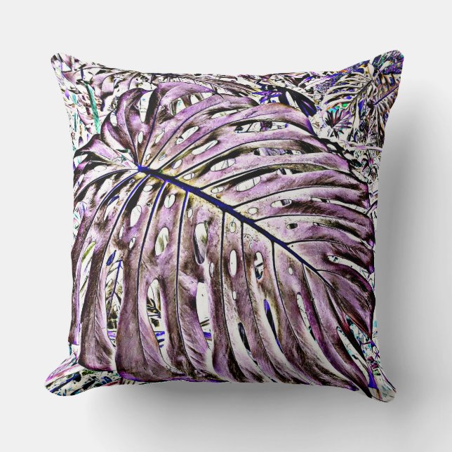 Tropical Monstera Leaves in Purple Cushion (Front)