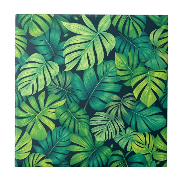 Tropical Monstera Leaves Jungle Pattern Ceramic Tile (Front)
