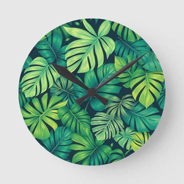 Tropical Monstera Leaves Jungle Pattern Round Clock (Front)