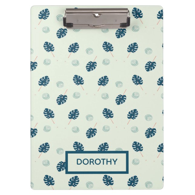 Tropical monstera leaves monogram on blue clipboard (Front)