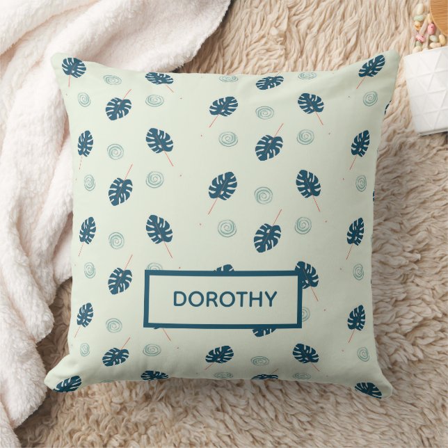 Tropical monstera leaves monogram on blue cushion (Blanket)