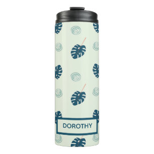 Tropical monstera leaves monogram on blue thermal tumbler