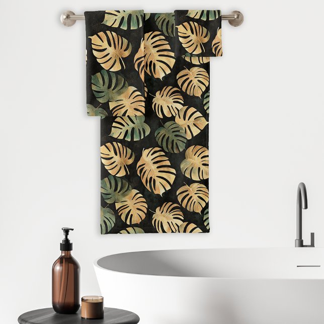 Tropical Monstera Leaves Pattern Black Green Tan Bath Towel Set (Creator Uploaded)