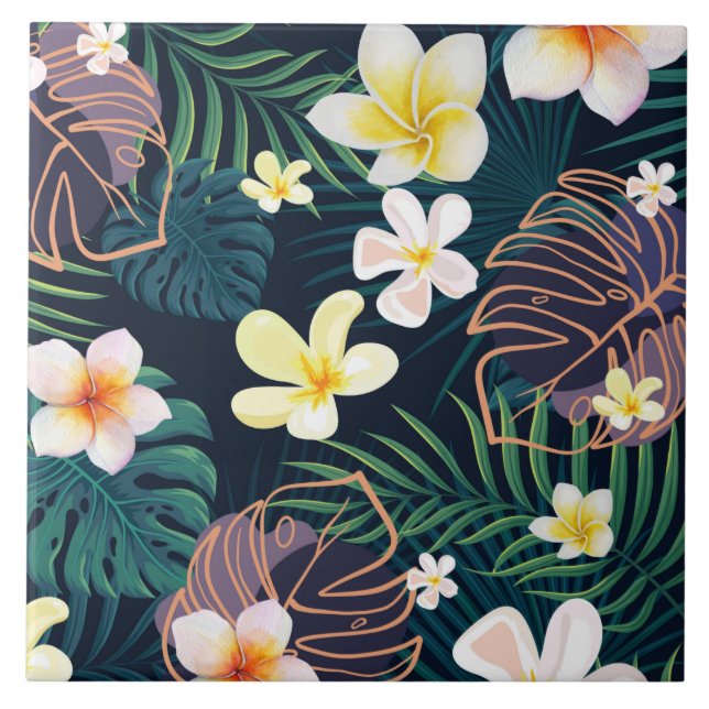 Tropical monstera leaves plumeria flowers ceramic tile (Front)