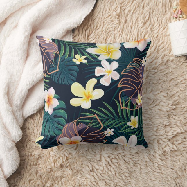 Tropical monstera leaves plumeria flowers cushion (Blanket)
