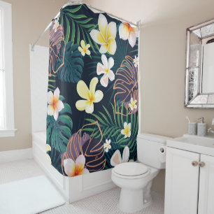 Tropical monstera leaves plumeria flowers shower curtain