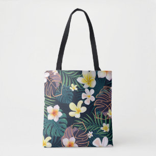 Tropical monstera leaves plumeria flowers tote bag