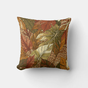 Tropical Monstera Leaves Rust Green Botanical Cushion