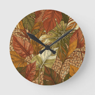 Tropical Monstera Leaves Rust Green Botanical Round Clock