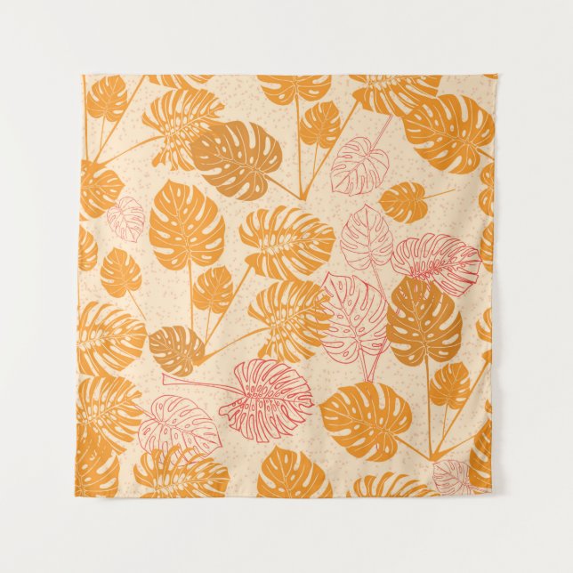 Tropical monstera leaves. silhouette drawing Seaml Tapestry (Front)