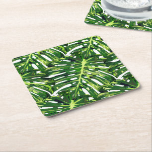 Tropical Monstera Leaves Square Paper Coaster