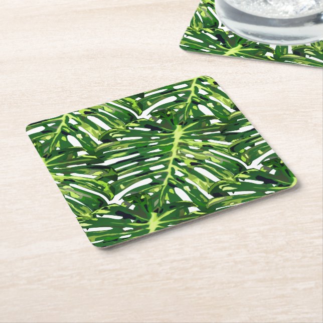 Tropical Monstera Leaves Square Paper Coaster (Angled)