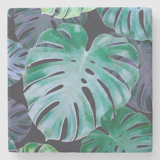 Tropical Monstera Leaves Stone Coaster (Front)