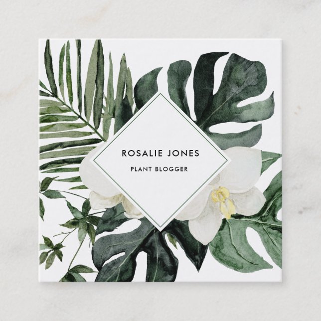 Tropical Monstera Leaves Watercolor Greenery Square Business Card (Front)