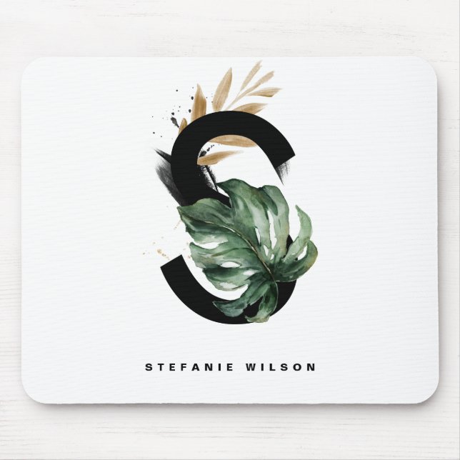 Tropical Monstera Letter S Monogram Personalised Mouse Pad (Front)