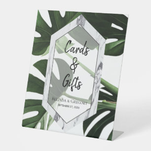 Tropical Monstera Marble Wedding Cards & Gifts Pedestal Sign