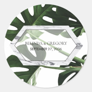 Tropical Monstera Marble Wedding Classic Round Sticker