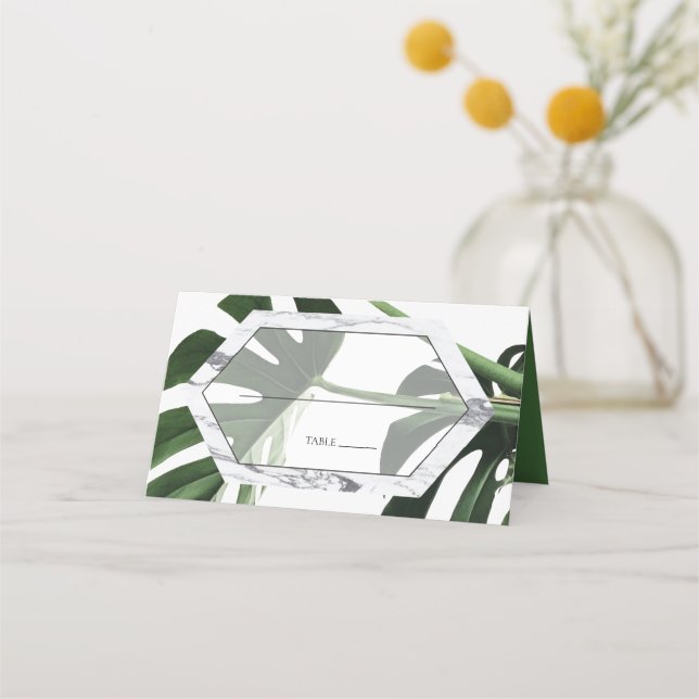 Tropical Monstera Marble Wedding Place Card (Front)