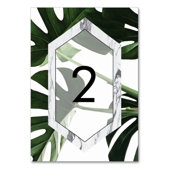 Tropical Monstera Marble Wedding Table Number (Front)