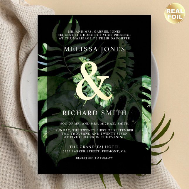 Tropical Monstera Palm Black Wedding Gold (Creator Uploaded)