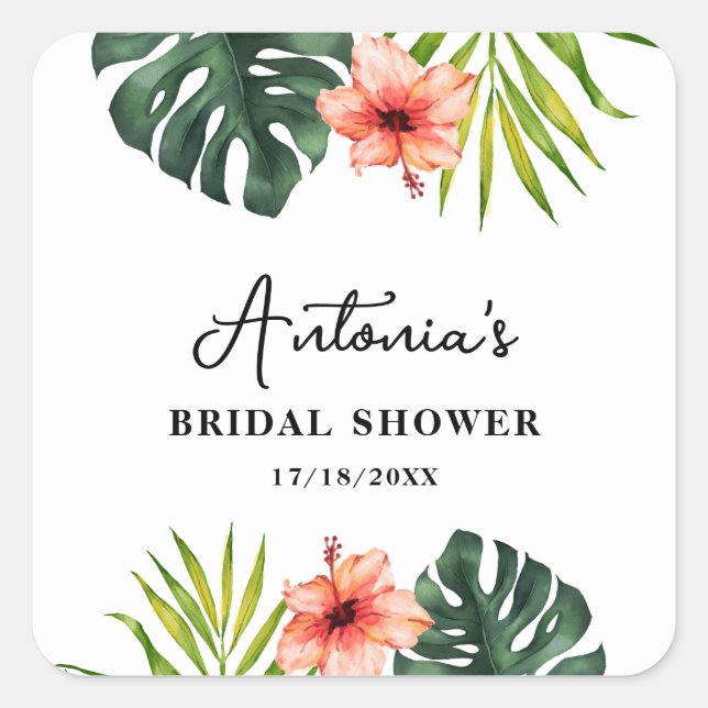 Tropical Monstera Palm Bridal Shower  Square Sticker (Front)