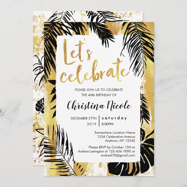 Tropical Monstera Palm Gold Black Let's Celebrate Invitation (Front/Back)