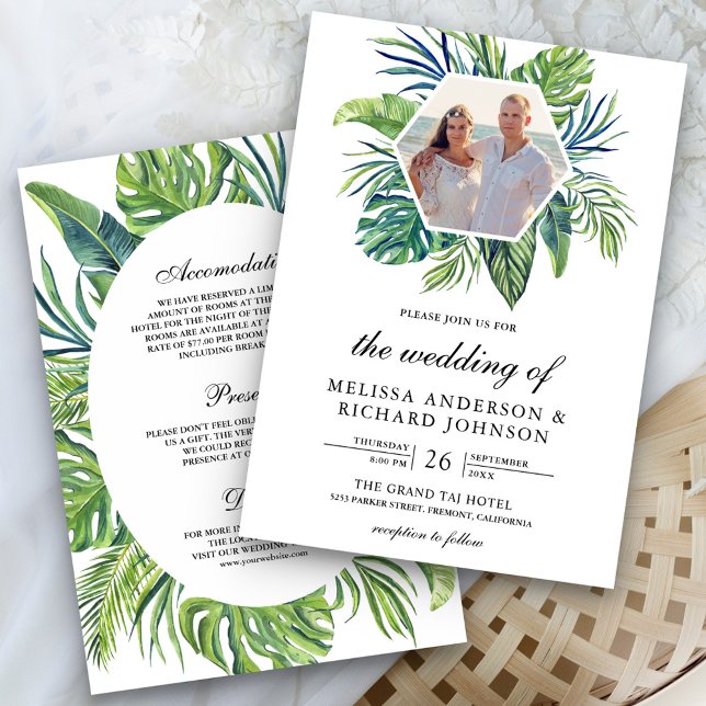 Tropical Monstera Palm Leaves All in One Wedding Invitation (Creator Uploaded)