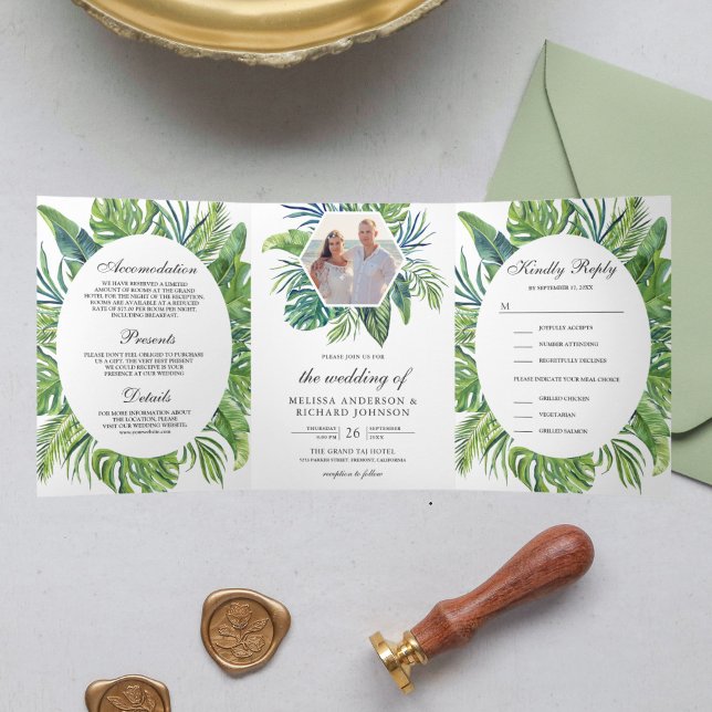 Tropical Monstera Palm Leaves All in One Wedding Tri-Fold Invitation (Creator Uploaded)