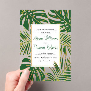 Tropical monstera, palm leaves green gold wedding acrylic invitations