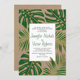 Tropical monstera, palm leaves kraft paper wedding invitation