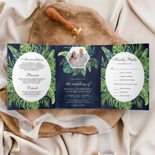 Tropical Monstera Palm Leaves Navy Blue Wedding Tri-Fold Invitation