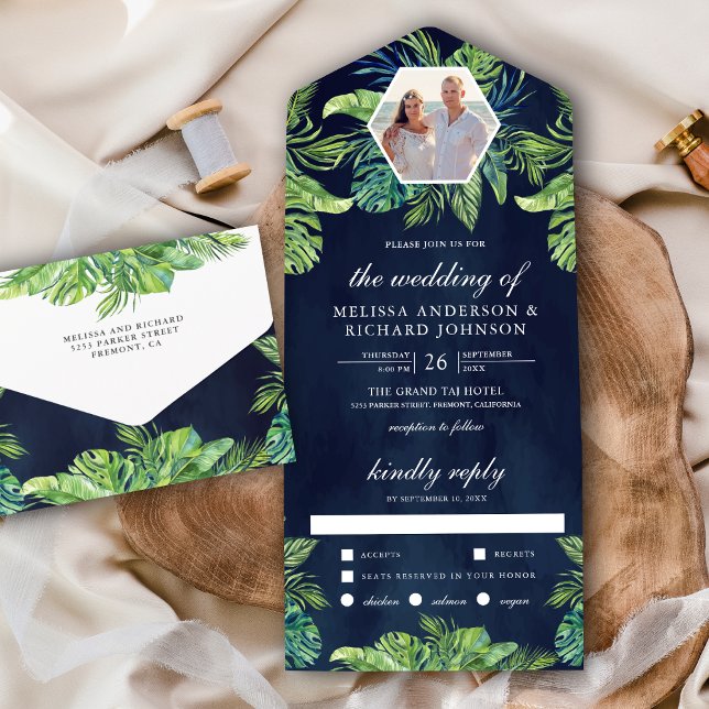 Tropical Monstera Palm Leaves Photo Navy Wedding All In One Invitation (Creator Uploaded)