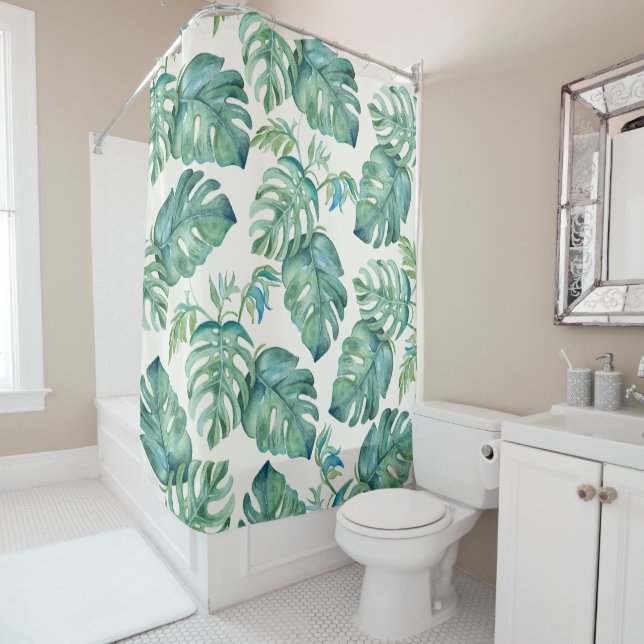 Tropical Monstera Palm Leaves Shower Curtain (In Situ)