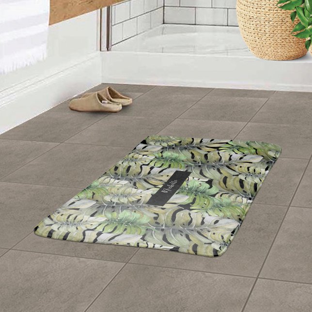 Tropical Monstera Palm Pastel Monogrammed Bath Mat (Creator Uploaded)