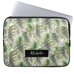 Tropical Monstera Palm Pastel Monogrammed Laptop Sleeve