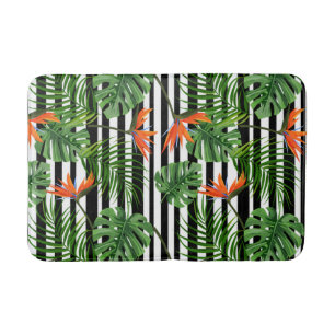 Tropical Monstera Striped Botanical Pattern Bath Mat