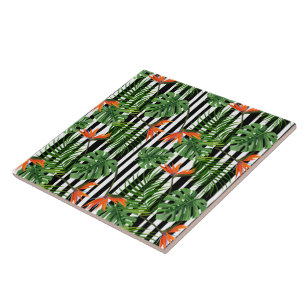 Tropical Monstera Striped Botanical Pattern Ceramic Tile