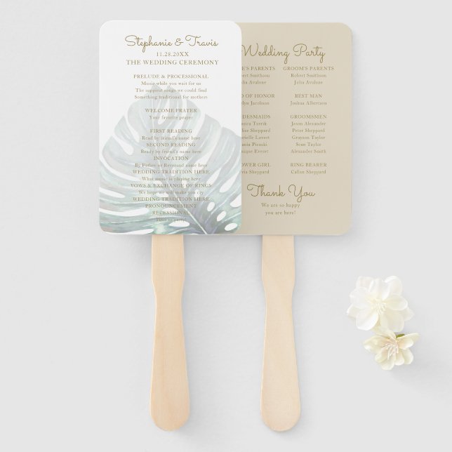 Tropical Monstera Tan Wedding Program Hand Fan (Front and Back)