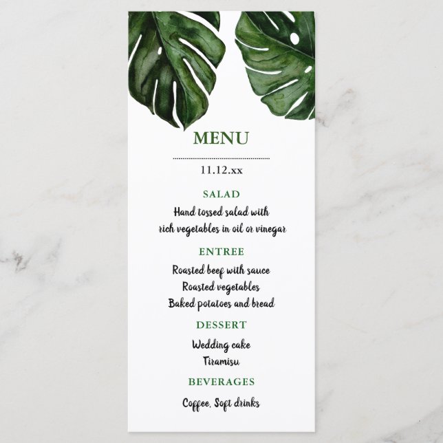 Tropical Monstera Watercolor Leaves | Wedding Menu (Front)