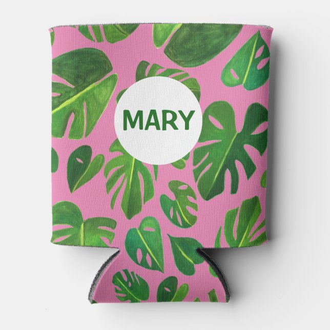 Tropical Monstera Watercolor Painting Green CUSTOM Can Cooler (Front)