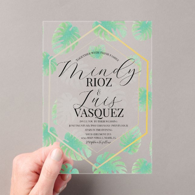 Tropical Monstera Watercolor Wedding Script Black  Acrylic Invitations (Insitu (Handheld))