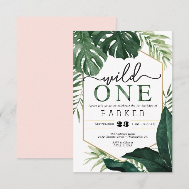 Tropical Monstera Wild One First Birthday Invite (Front/Back)