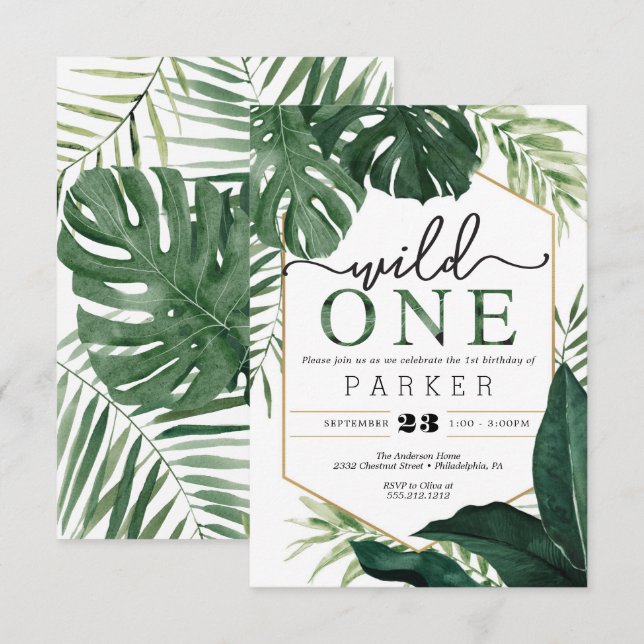 Tropical Monstera Wild One First Birthday Invite (Front/Back)