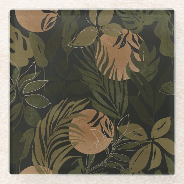 Tropical Moon Palm: Night Seamless Pattern Glass Coaster (Front)
